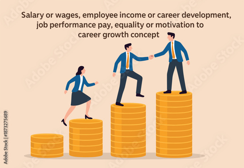 Salary or wages, employee income or career development, job performance pay, equality or motivation to career growth concept, business people on growing money coins as salary or wages payment.
