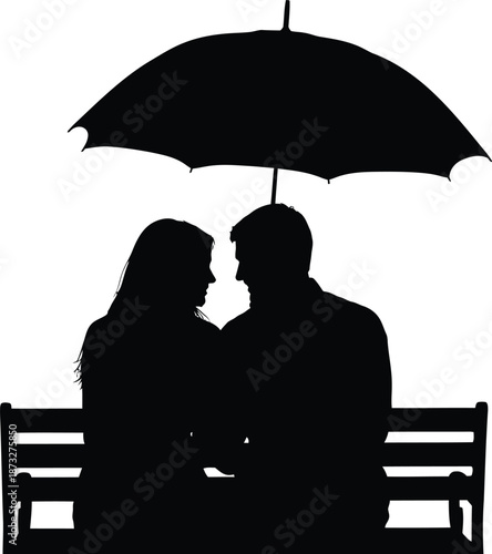 A romantic couple sits together under an umbrella on a bench.
