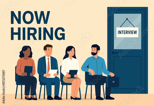 Hiring opportunity, apply new job, career candidate, interview applicant or employment, job seeker or talent search, diversity concept, business people applicant wait at hiring company office