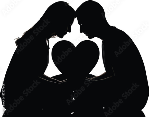 A romantic couple in love, forming a heart shape with their heads together.