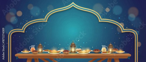 Ramadan iftar party banner with dining table and lanterns