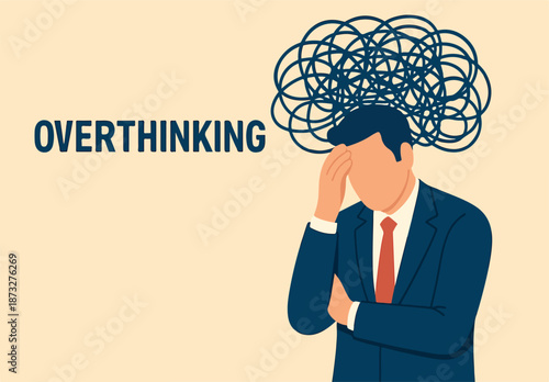 Overthinking, too much worried, stress or anxiety, self doubt, fear or indecision, obsession thoughts, mental exhaustion or negative emotional, overload concept, businessman overthinking mess head