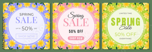 Spring sale banner set with yellow daisy flowers and green nature background for retail promotion.