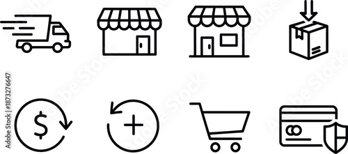 Ecommerce icons set for online shopping and delivery