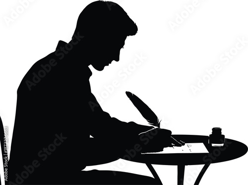 A man sits at a small table writing with a quill pen in a quiet moment of contemplation.