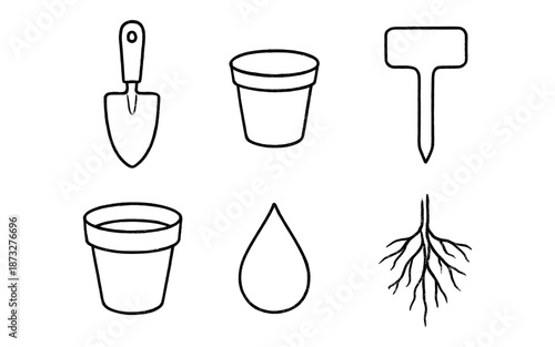 Simple line art icons representing gardening tools and plant growth elements