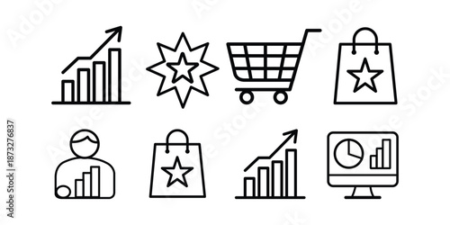 The collection of outlined business and e-commerce icons representing growth and analysis, Vector Illustration