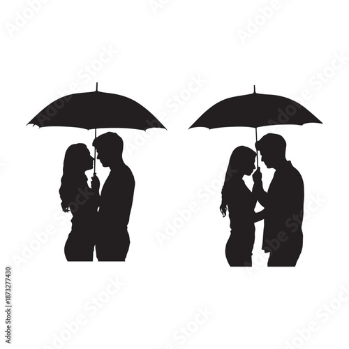 A silhouette of a couple sharing a tender moment under an umbrella symbolizing romantic love and connection