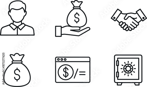 Financial transaction icons representing money management and security