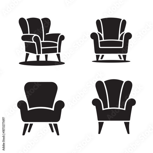 A minimalist depiction of four classic armchairs presented as a clean vector silhouette design