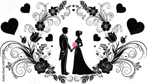 Elegant wedding couple silhouette framed by ornate floral heart decorations with roses and love symbols for romantic invitations and vintage design