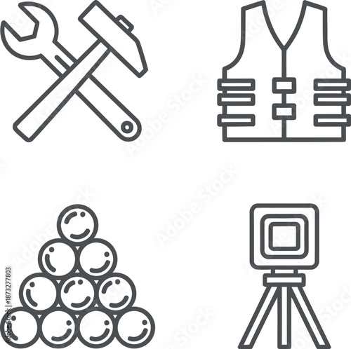 Cricket equipment and camera icon set