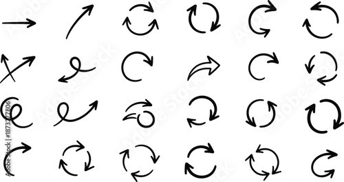 Hand drawn arrow and circular rotation doodle icon set showing direction, loop, refresh, navigation, workflow, UI sketch elements