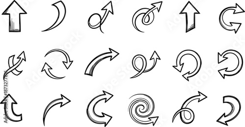 Hand drawn arrow icon set with curved, circular, spiral and directional symbols for navigation, workflow, user interface, and web design
