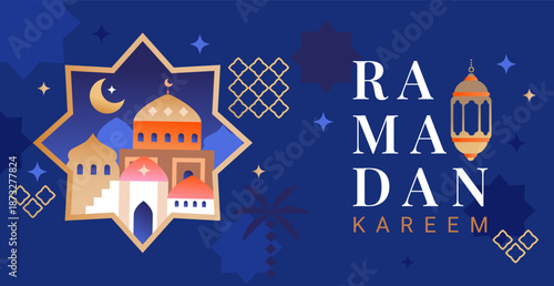 Ramadan kareem greeting card for holiday. Banner for traditional muslim holiday with mosque in golden frame. Islamic greeting poster. Template for design, social media, web. Vector illustration.