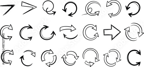 Hand drawn arrow icons collection with refresh reload cycle and navigation symbols for user interface and web design
