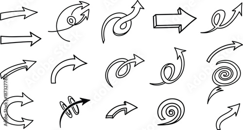 Hand drawn curved arrow icons collection featuring spiral, looping, and directional symbols for creative navigation, workflow diagrams, and interface design