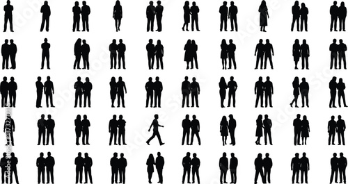 People silhouette icon set showing standing, walking, couples and small groups for social interaction, urban crowd scenes, and human lifestyle concepts