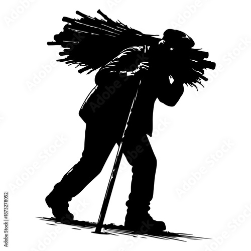 silhouette of a man with a backpack and skis