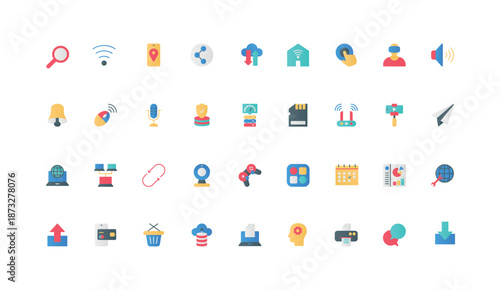 Online services for work and games, wireless multimedia gadgets and mobile app platform color icon set. Data management and transmission, synchronization with cloud flat elements vector illustration
