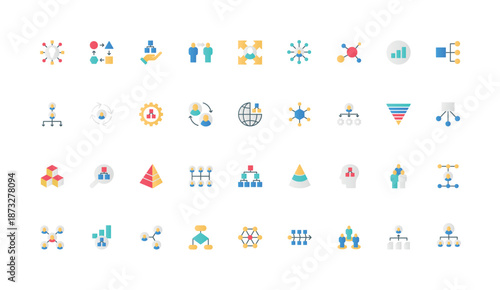 Organizational structure of corporate company, org chart and hierarchy of employees group color icon set. Business workforce, tree flowchart with chairman, pyramid flat elements vector illustration