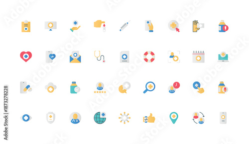 Pharmacy and medical pills of online exam, doctors prescription, pharmaceutical treatment color icon set. Bottle of vitamin or antibiotic drugs, stethoscope, medicare flat elements vector illustration