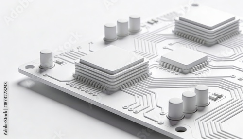 Close-up view of a white circuit board with intricate pathways and microchips