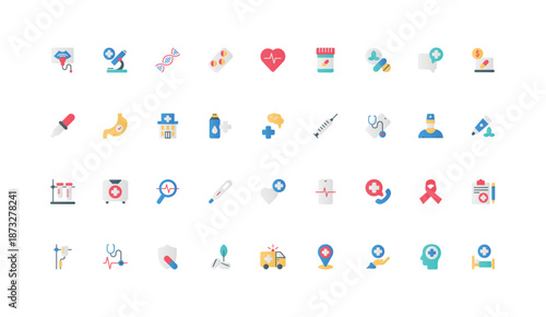 Pharmacy, pills and capsules of doctors prescription, medical services and hospital treatment color icon set. Tablets and vitamins for pharmaceutical help, stethoscope flat element vector illustration