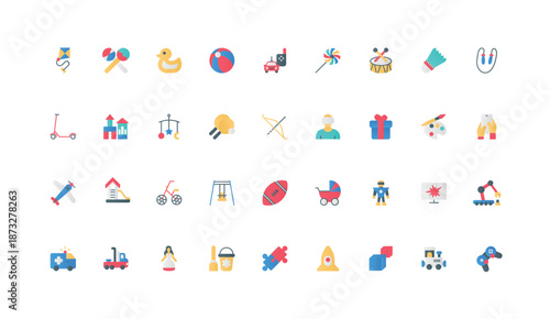 Games activity and hobby of children, cognitive development toys for baby kids color icon set. Scooter and sport balls, train and robot, kite and mobile game flat elements vector illustration