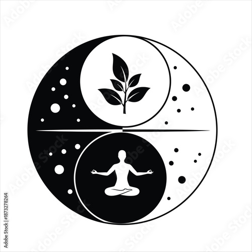 Yin Yang Balance Symbol with Plant Leaf and Meditating Person Vector Illustration