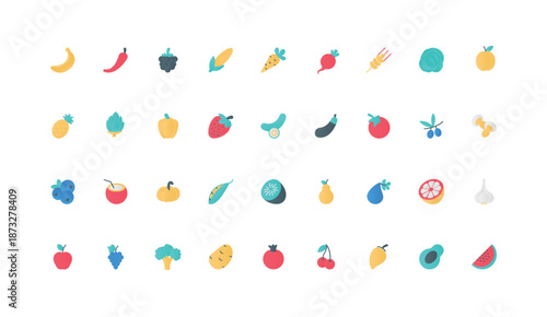 Vegetables and fruits organic harvest, local farm market and agriculture products color icon set. Fresh tomato strawberry salad lemon carrot orange apple banana flat elements vector illustration