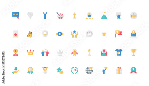 Award and trophy recognition of victory, pride and respect for winner and champion color icon set. Golden cup and medal for first place, quality mark and crown flat elements vector illustration