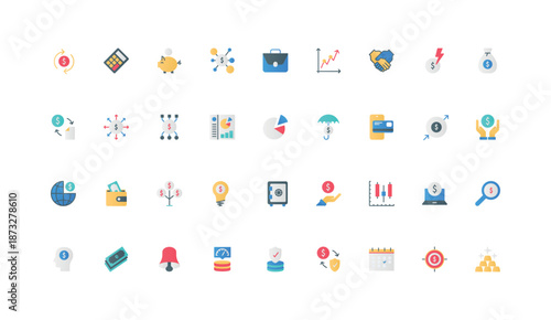 Finance accounting and budget management, financial growth analysis and income distribution color icon set. Stock market investment, economy and safety of credits flat elements vector illustration