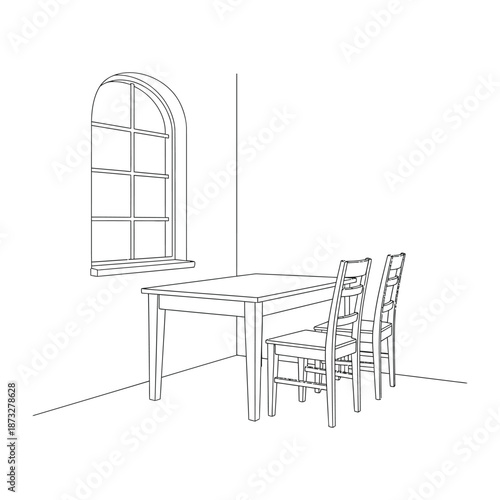 Minimalist Dining Scene: A clean, simple line drawing of a dining set, featuring a table, chairs, and window in a sparsely decorated room, evoking a sense of calm and clarity.