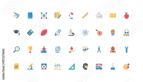 Back to school, education and learning tools, sport color icon set. Preparation to lessons, backpack and ruler, microscope and calculator, library book to study flat elements vector illustration