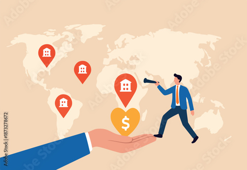 Global business expansion, open company branches, franchise in new location to cover all continent, growing business worldwide concept, businessman CEO put new branch pin on world map across globe