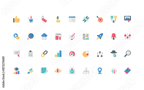 SEO, online analytics, marketing optimization system for business development color icon set. Keywords and ads, target and search results, link building, management flat elements vector illustration