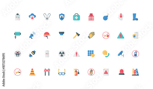 Warning signs, equipment and tools for the protection of life and health safety color icon set. Vest and boots, helmet of construction worker, 911 call, surveillance flat elements vector illustration