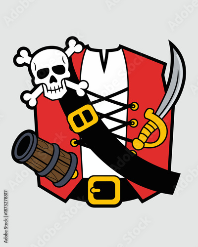 This eye-catching graphic of a pirate-themed design incorporates iconic elements like a skull, crossbones, and sword, representing adventure and daring exploits.