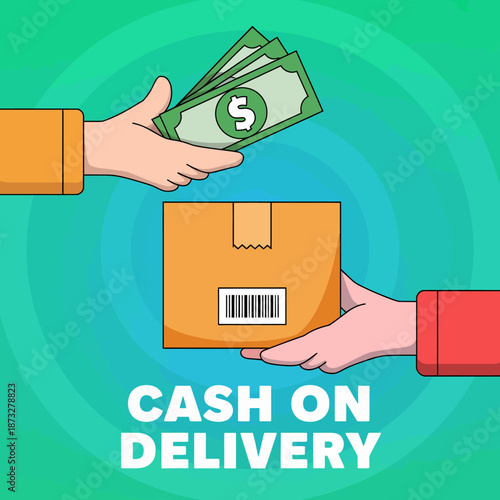 This graphic illustrates the cash on delivery concept, showcasing the seamless exchange between a service provider and a customer in a visually appealing manner.