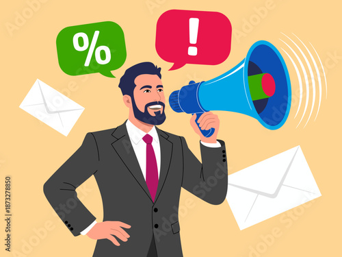 A corporate man in a suit using a megaphone to share exciting news or promotional offers, reflecting enthusiasm and energy in a professional business environment.
