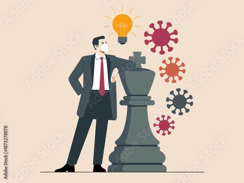 A businessman wearing a face mask stands beside a chess piece, reflecting on strategic decisions in a challenging environment influenced by health concerns and obstacles.