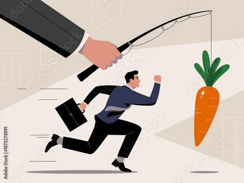 This illustration captures a businessman eagerly chasing a carrot on a fishing line, symbolizing motivation and the pursuit of success in a visually striking manner.
