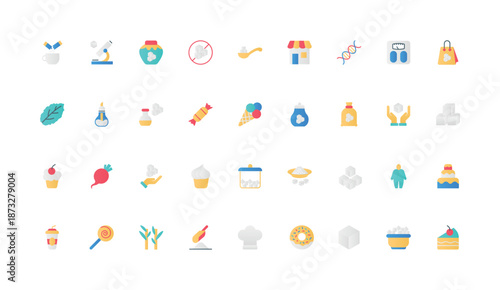 Sugar and sweeteners, sweet confectionery products for coffee, healthy stevia color icon set. Cane and beet plant for production of cubes and sugar powder, obesity, flat elements vector illustration