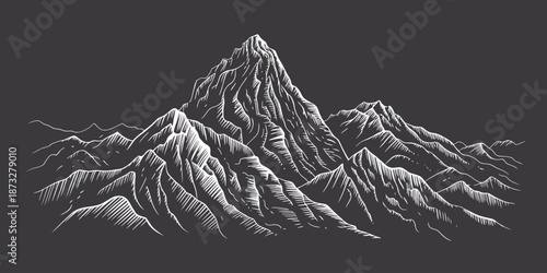 This stunning monochrome illustration depicts a detailed mountain range, showcasing intricate lines and textures that evoke a sense of awe and appreciation for nature's beauty.