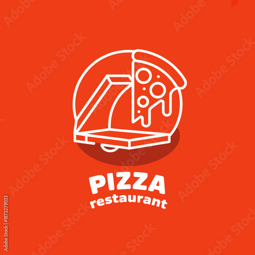 A modern logo featuring a slice of pizza and a pizza box, representing a lively and inviting atmosphere for delectable pizza offerings in a dynamic restaurant setting.
