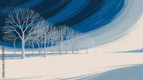 A winter landscape illustration showcasing abstract blue brushstrokes and white trees, evoking feelings of calmness, serenity, and the beauty of the winter season.
