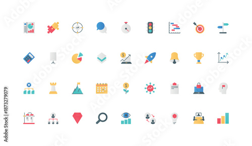 Task planning, business organization and management, financial analytics of startup color icon set. Tactics and and strategy to manage and administrate company flat elements vector illustration