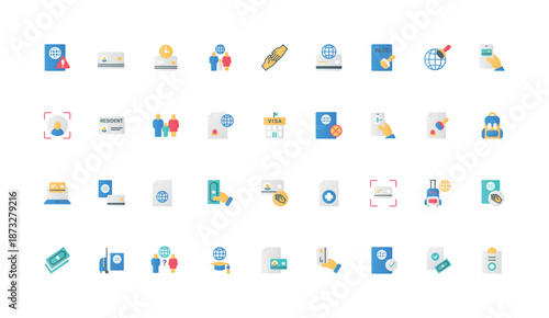 Immigration, educational and travel visa, work permit, passport and temporary legal document reject and approve color icon set. Resident certificate, family docs flat elements vector illustration