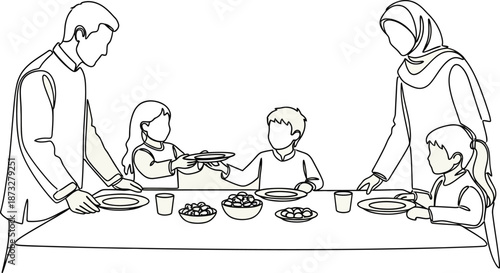 A family gathered around a table to eat a meal together isolated on transparent background